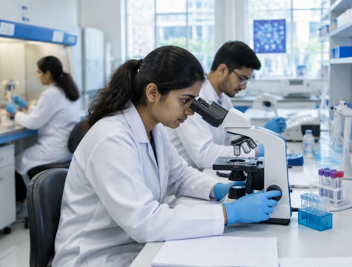 Medical student using a microscope in a laboratory